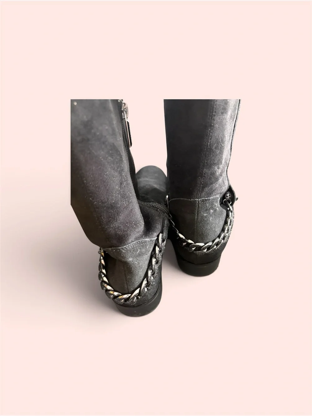 Karl Lagerfeld Gray Over-the-Knee Suede Boots with Chain Heel Accent NWOT